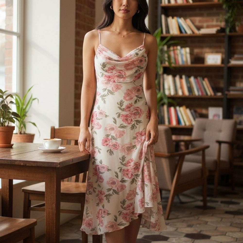 SPRING Floral Midi Dress in Pink with ASYMETRIC Hem Medium